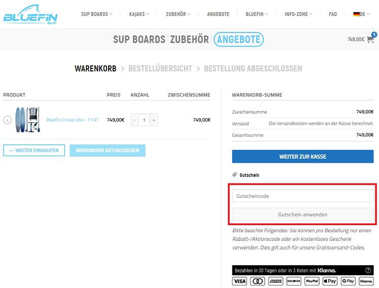 Screenshot aus dem Warenkorb mit Hinweis darauf, an welcher Stelle du den Bluefin SUP Gutschein anwenden kannst