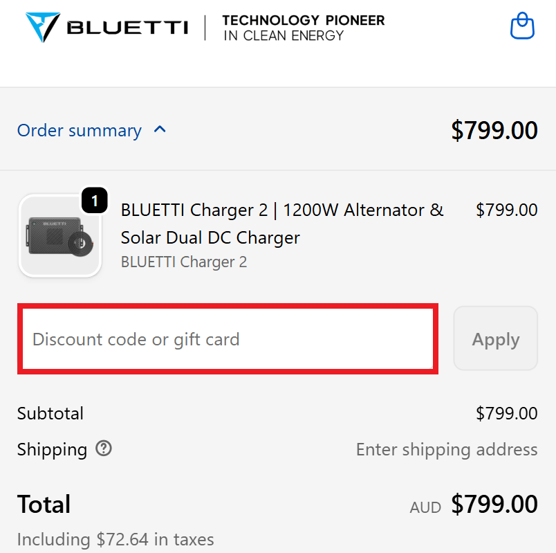 BLUETTI discount code redemption at checkout stage