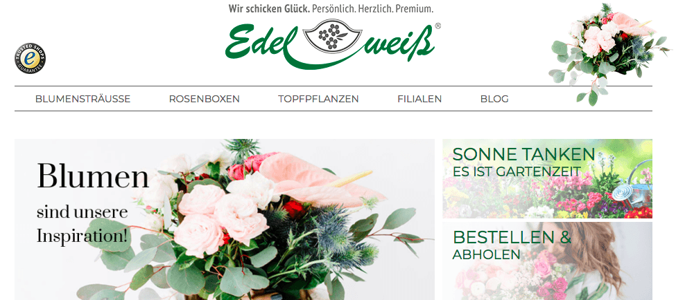 Auswahl verschiedener Blumensträusse im Edelweiß Online Shop