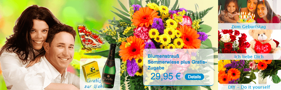 Webshop mit aktuellen Blumenfee-Angeboten und einer Flasche Gratis Sekt zu deinem Blumenstrauß