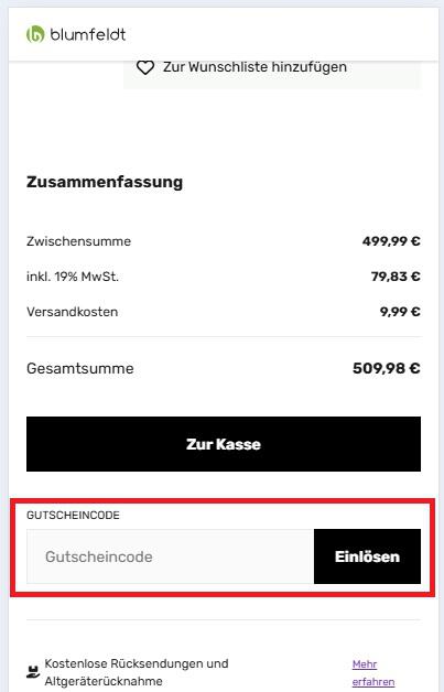 Eingabefeld für einen Blumfeldt Gutscheincode im Warenkorb
