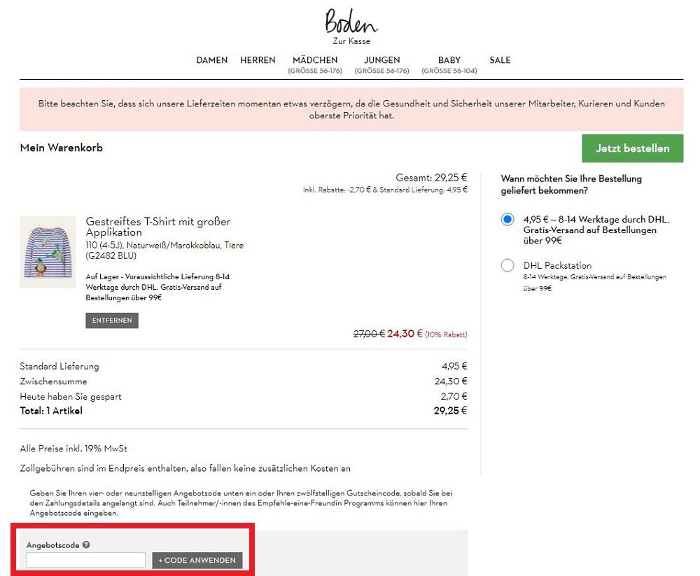 Screenshot vom Eingabefeld für einen Boden Gutschein im Warenkorb