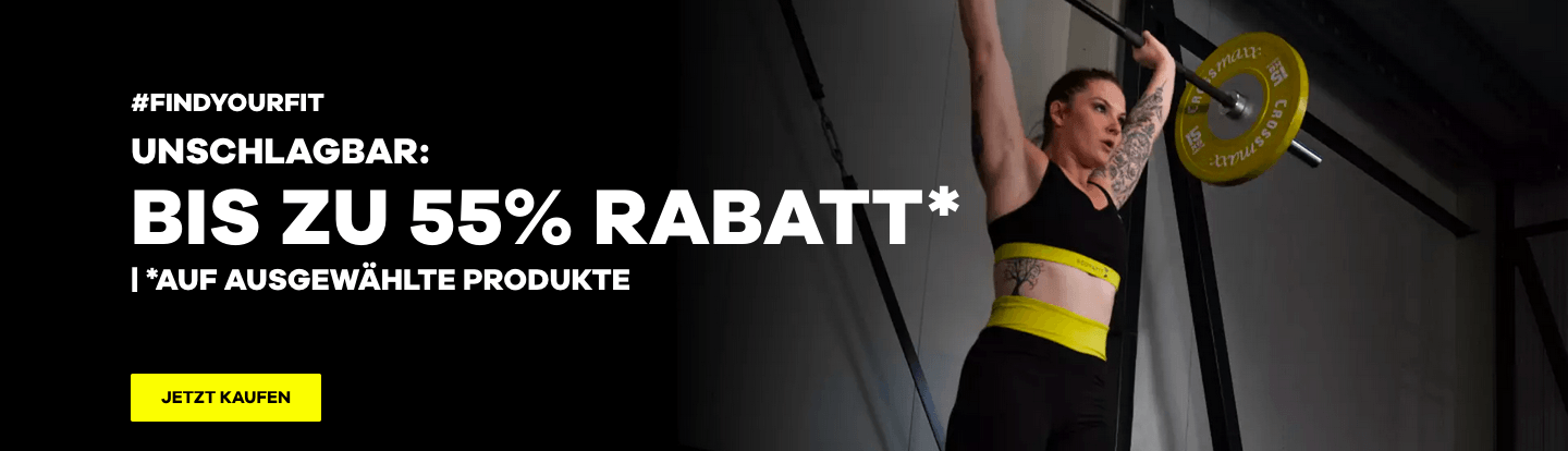 Gewichthebende Frau auf Banner für bis zu 55 % Rabatt auf Body & Fit Angebote