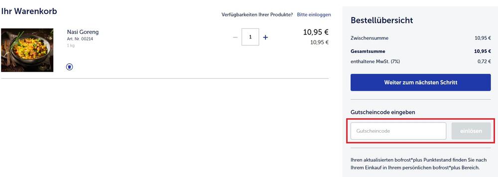 Screenshot vom Eingabefeld, wo du einen bofrost Gutschein einlösen kannst
