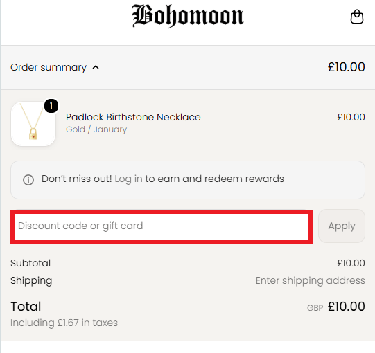 Bohomoon discount code redemption box in basket