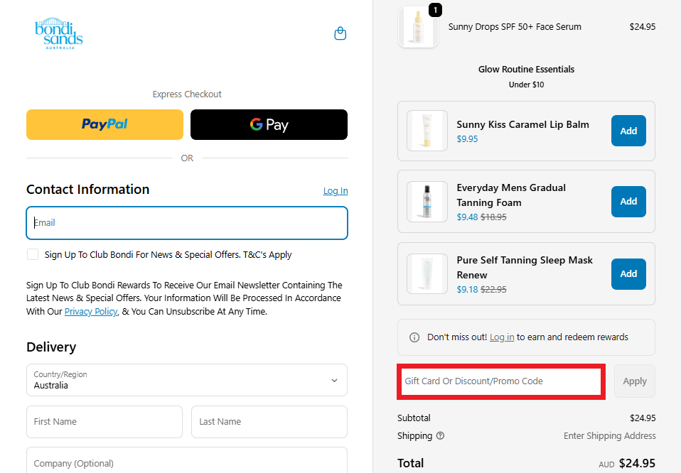 Bondi Sands discount code application box at checkout
