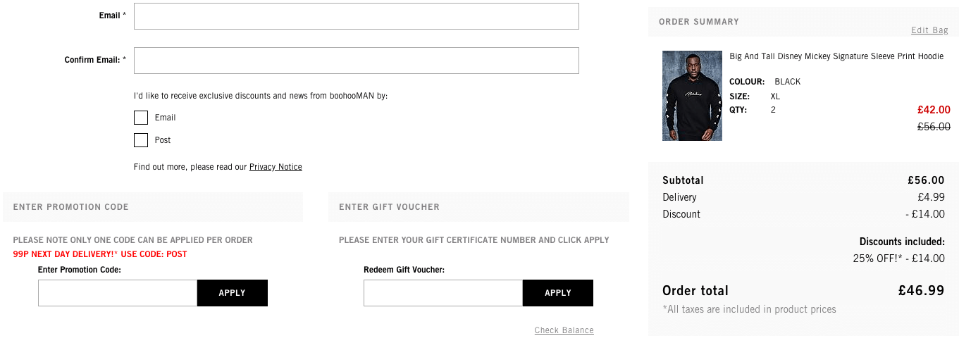 boohooMAN discount code redemption area picture