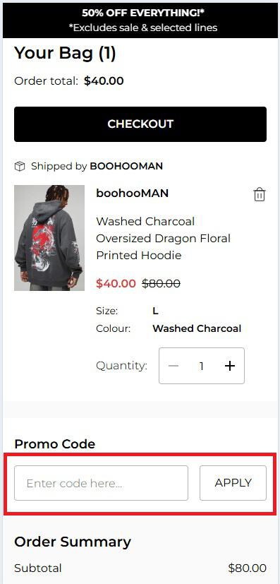 boohooMAN promo code box on bag page