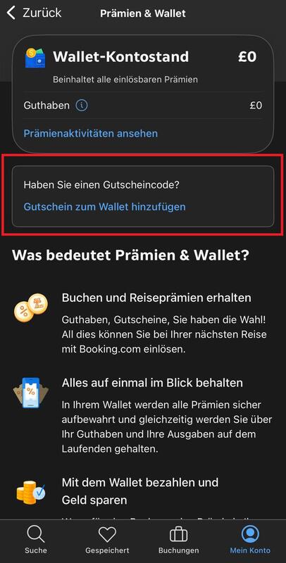 Booking.com Gutscheincode im Wallet hinzufügen