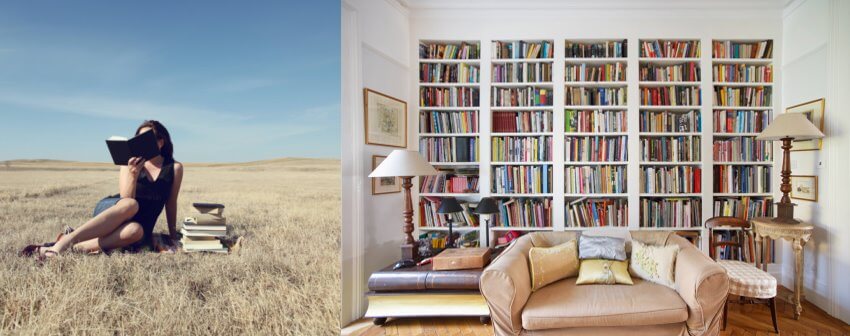 Fotos einer lesenden Person und einer Bücherwand