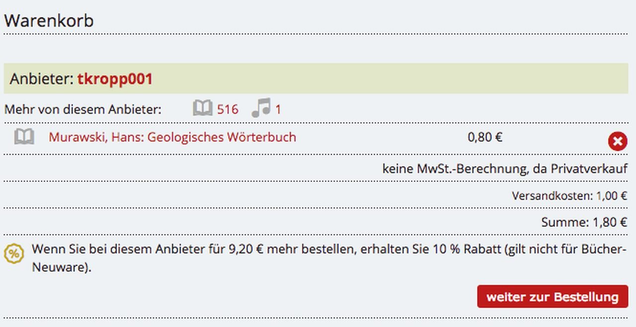 Warenkorbansicht mit Booklooker-Gutschein für 10 Prozent Rabatt
