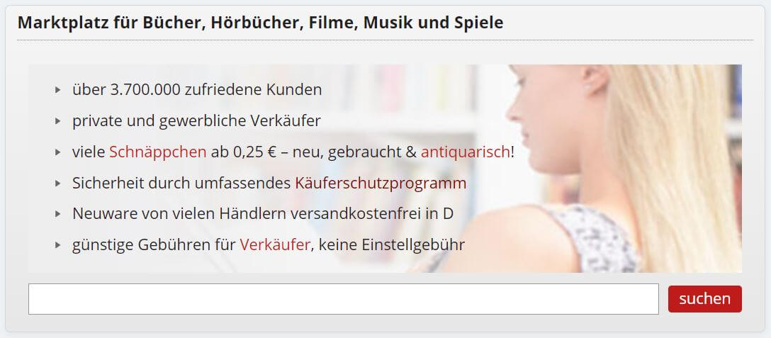 Banner für die Booklooker-Gutscheinseite mit Auflistung der Vorteile im Online-Shop