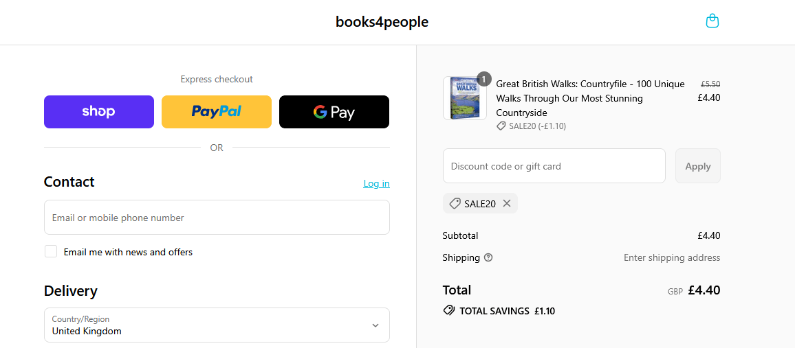 Books4People discount code application box at the online checkout