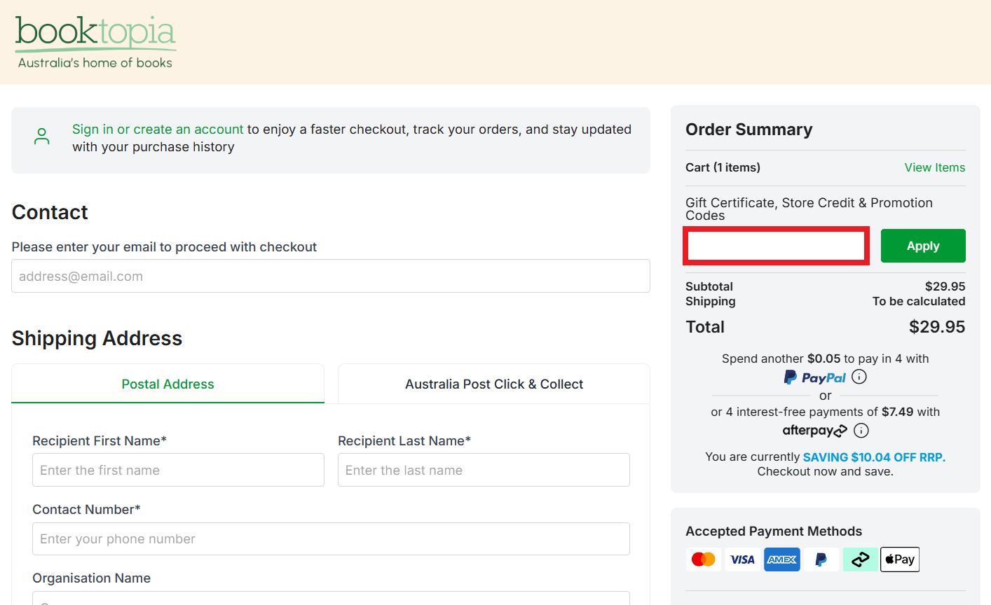 Booktopia discount code box in shopping cart image