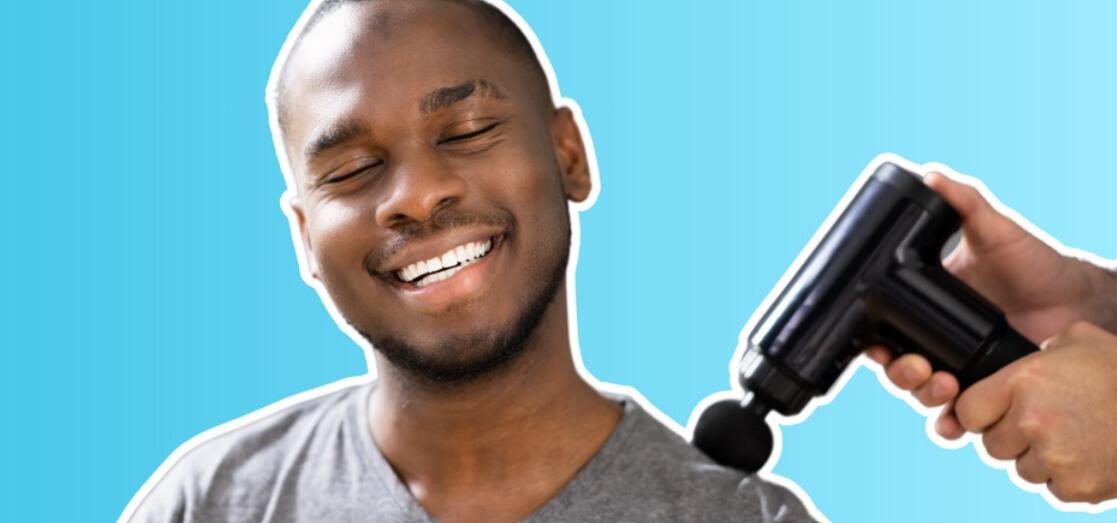 Boots Father's Day image showing a man getting a back massage from a massage gun with a bright blue background
