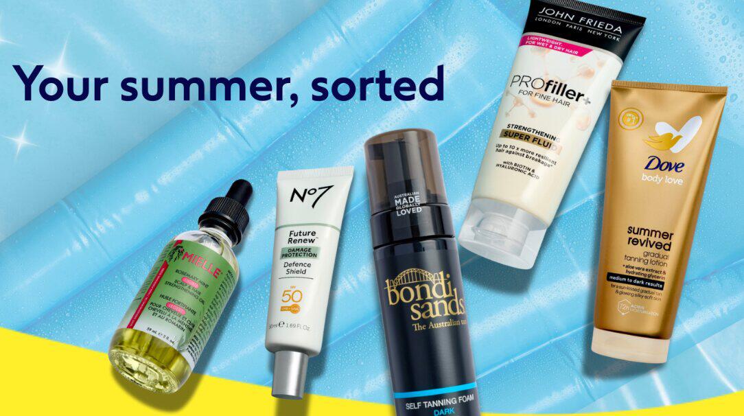 Boots summer collection image - Five beauty products in a fan shape next to the text &apos;your summer, sorted&apos;
