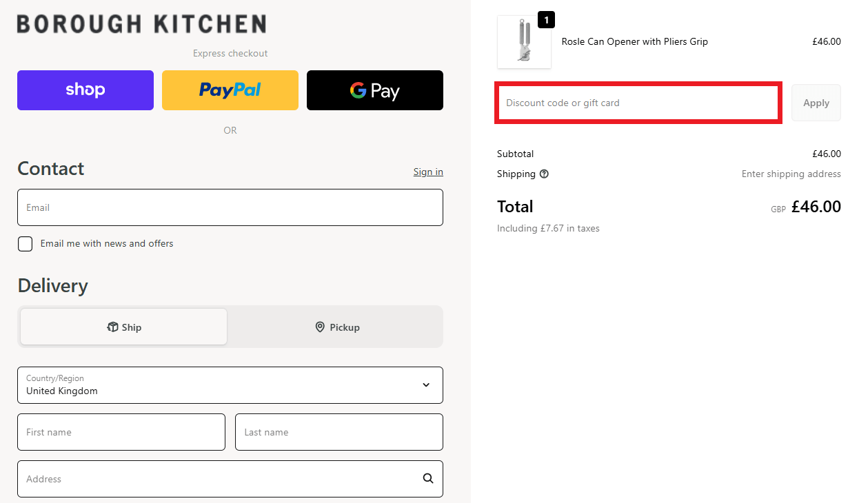 Borough Kitchen discount code box during checkout