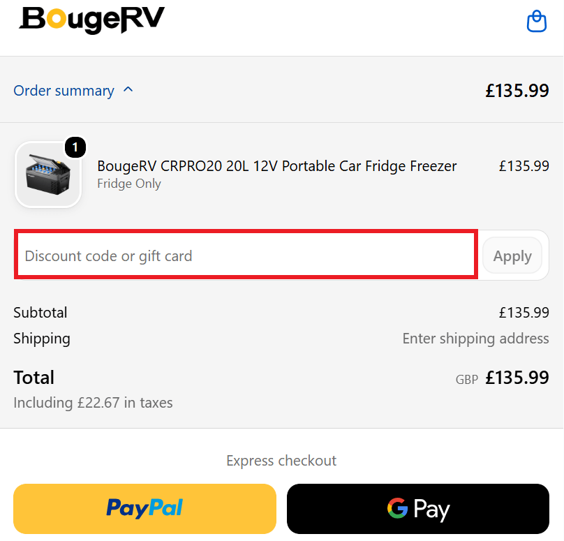 Bougerv discount code box in shopping cart image