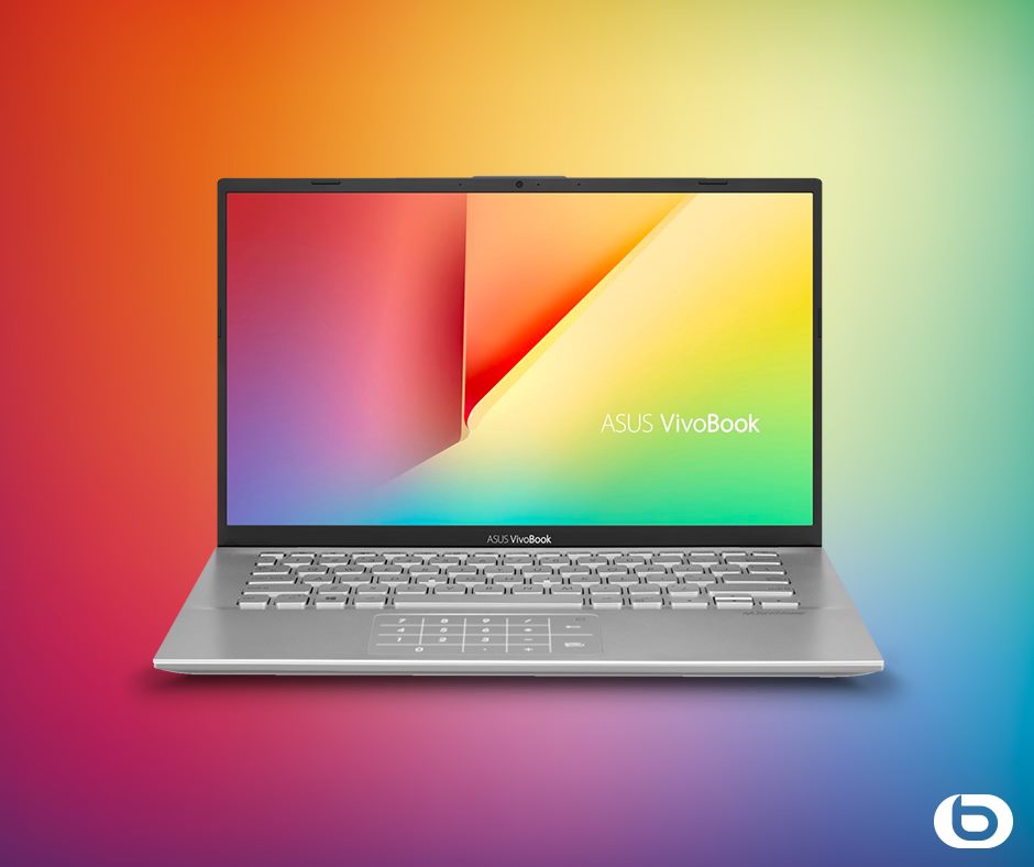 Ordinateur Asus sur fond multicolore