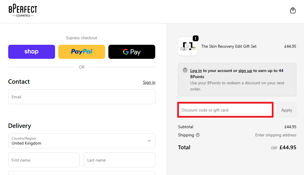 BPerfect Cosmetics discount code redemption box image