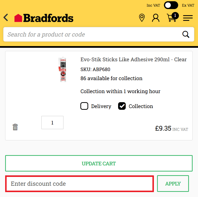 Bradfords discount code box in shopping basket image