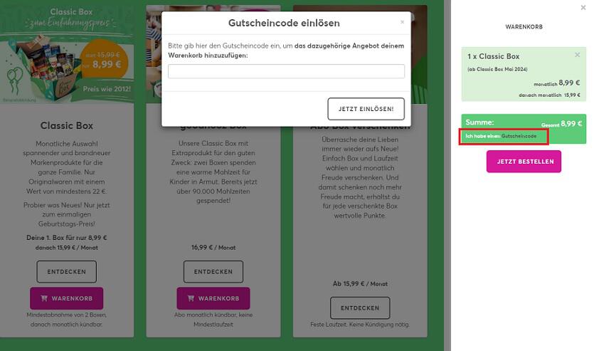 Screenshot aus dem Warenkorb mit Feld für brandnooz Gutschein