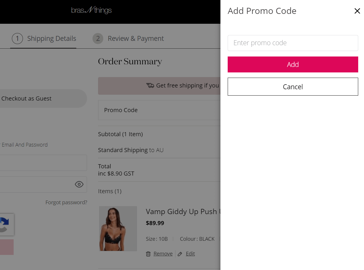 Bras N Things coupon code area in shopping basket