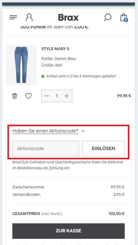 Screenshot vom Warenkorb mit Eingabefeld für BRAX Aktionscode