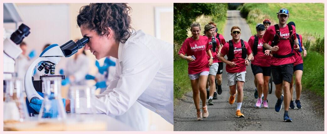 scientist in a lab alongside fundraisers running a marathon