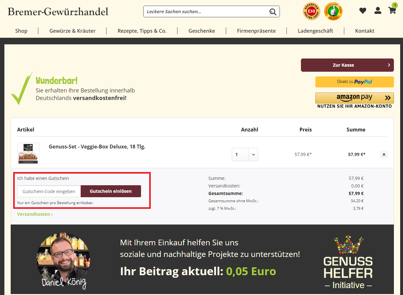 Screenshot vom Eingabefeld im Warenkorb, wo du einen Bremer-Gewürzhandel-Gutschein einlösen kannst