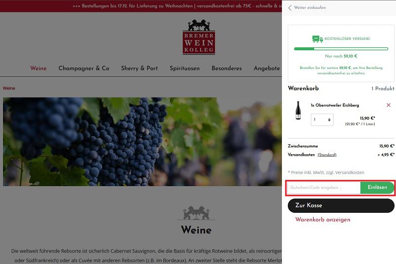 img: bremer-weinkolleg-gutschein-einloesen / alt: Screenshot aus dem Warenkorb mit Hinweis darauf, wie du den Bremer-Weinkolleg Gutschein einlösen kannst.