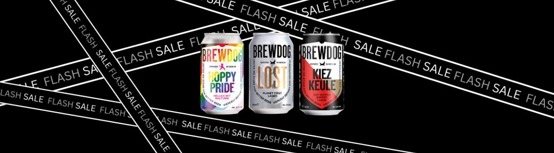 Banner mit Dosenbieren und Brewdog Flash Sale Banner