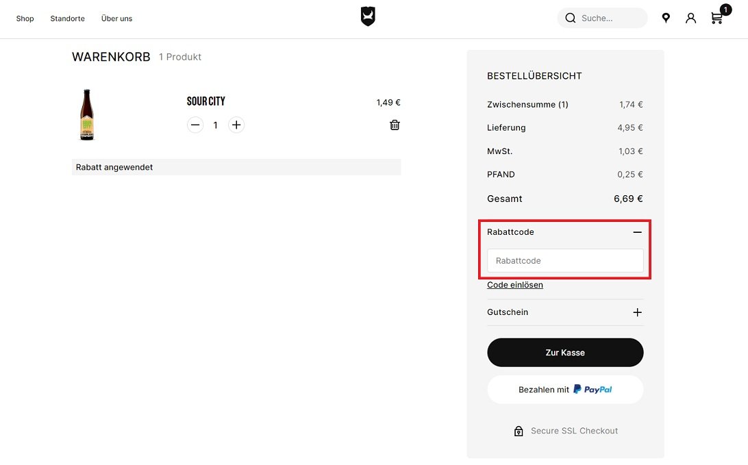 Screenshot aus dem Warenkorb mit Hinweis auf Eingabefeld zum Brewdog Gutschein einlösen