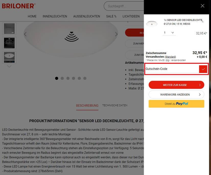 Screenshot aus dem Warenkorb mit Eingabefeld, wo du den Briloner Gutscheincode einlösen kannst