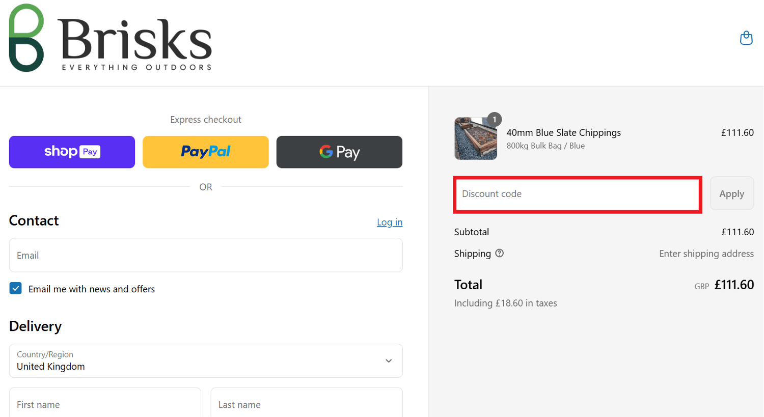 Brisks discount code box during checkout image