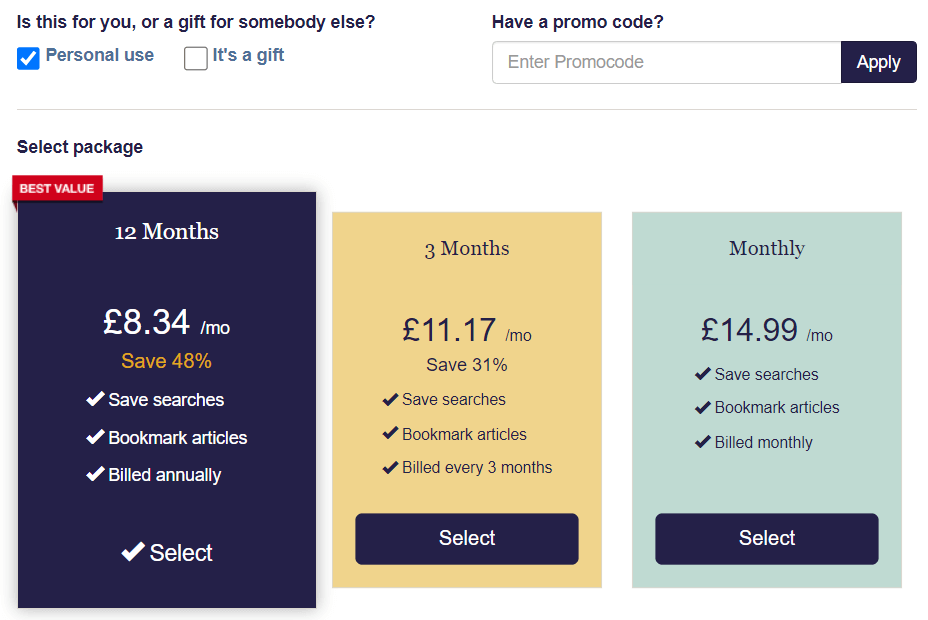 British Newspaper Archive promo code redemption area screenshot