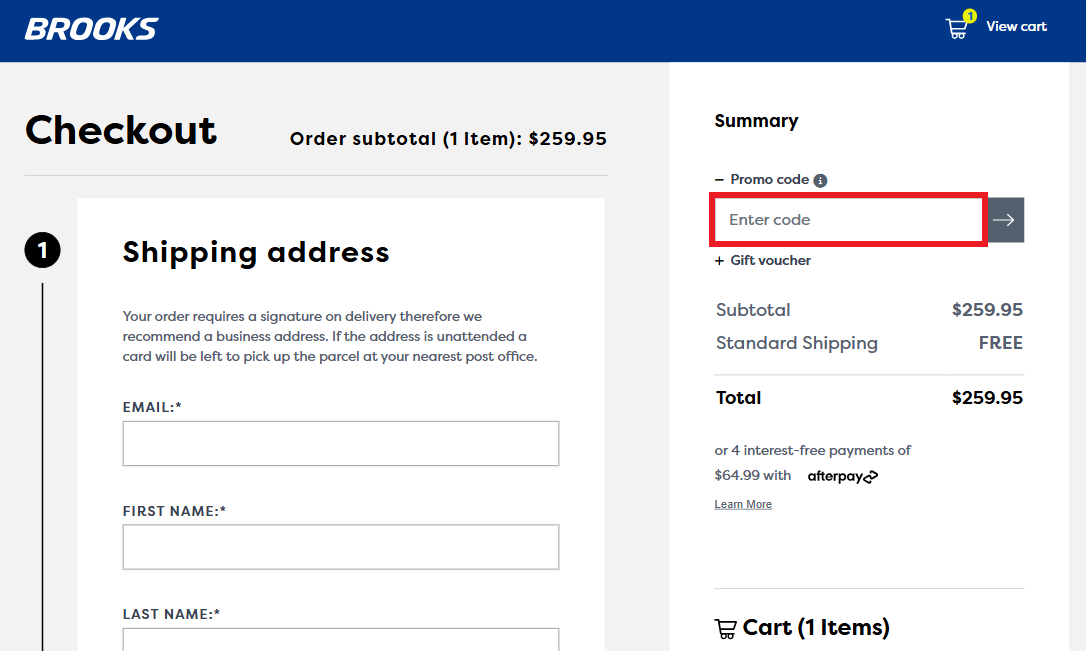 Brooks discount code page in shopping basket
