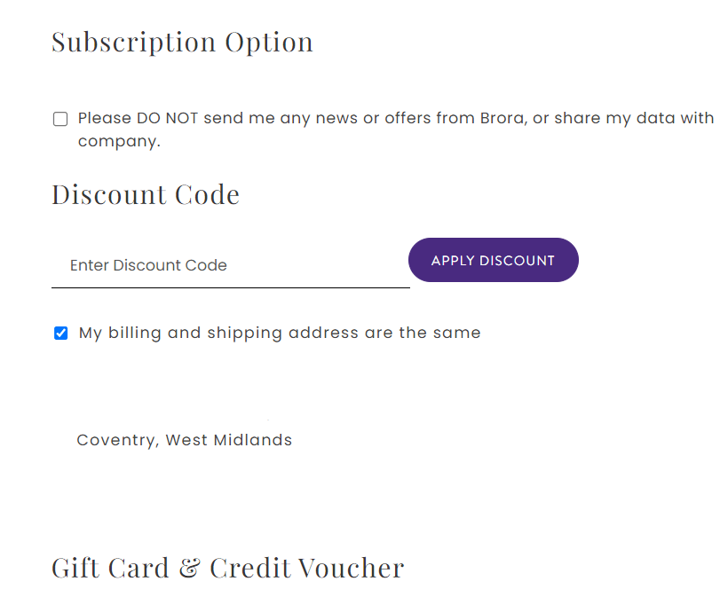 Brora discount code box within the shopping cart