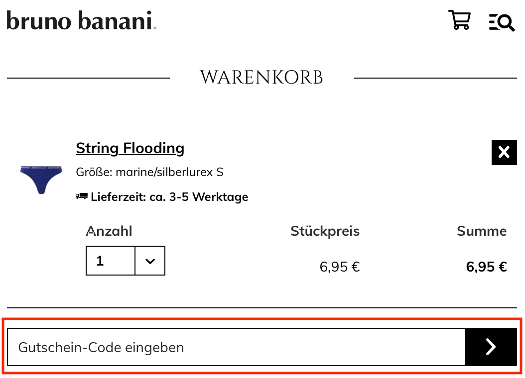 Eingabefeld für den bruno banani Gutschein im Warenkorb