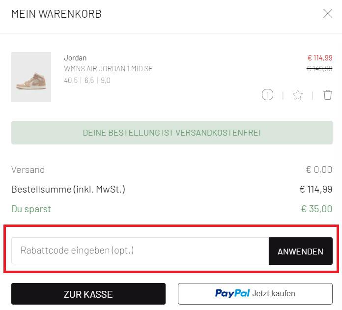 Eingabefeld für einen BSTN Rabattcode im Warenkorb