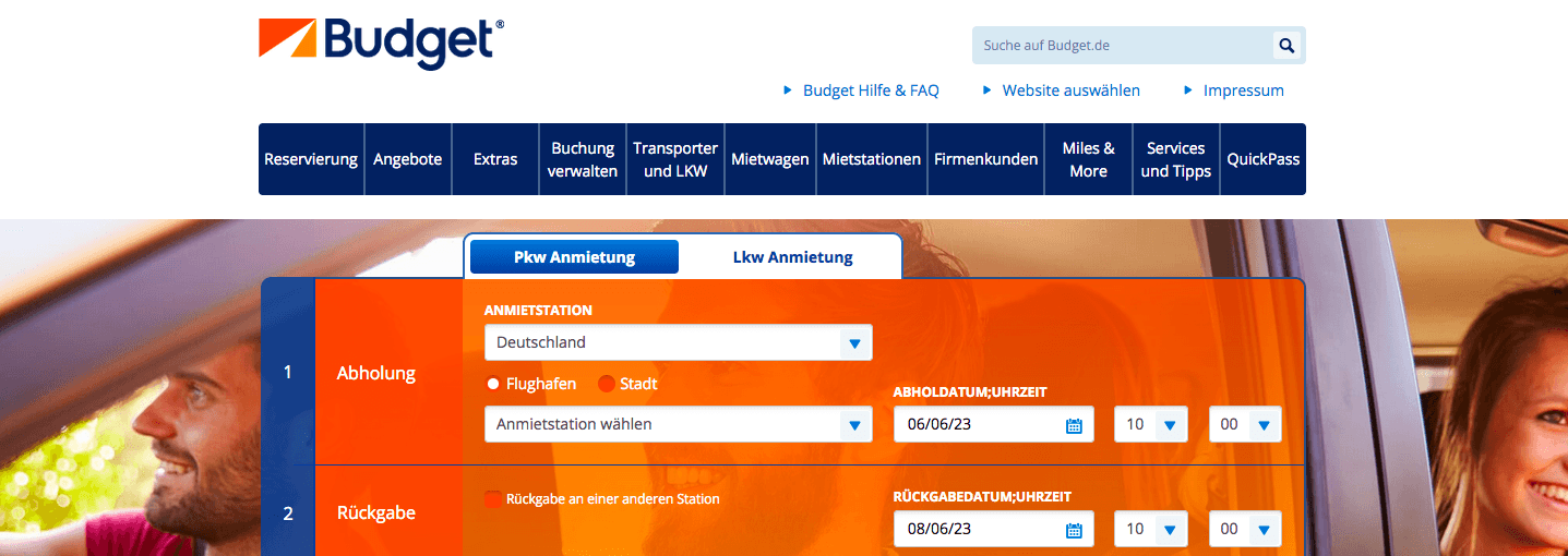 Ansicht des Webshops mit Budget-Angeboten für die Mietwagenbuchung