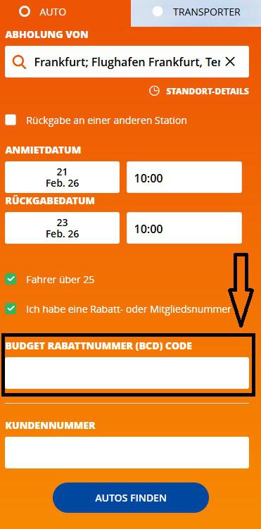 Screenshot vom Eingabefeld mit Hinweis darauf, wo du den Budget Gutschein einlösen kannst