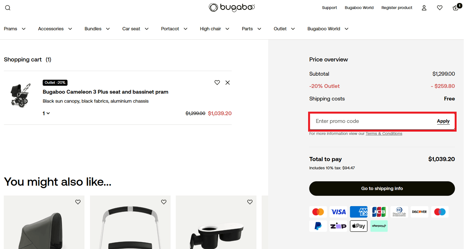 Bugaboo discount code box in shopping basket