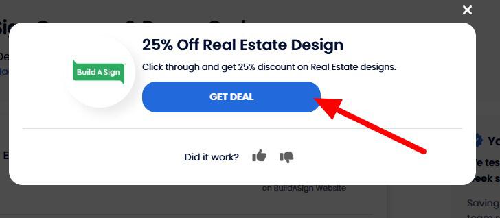 BuildASign clickable coupon botton on Savings.com