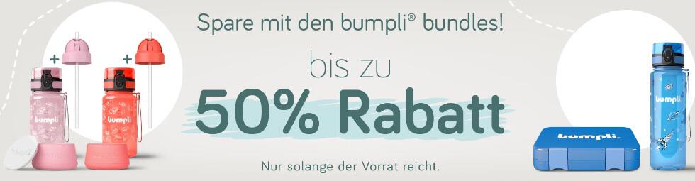 bumpli Trinkflaschen-Set und Set aus Trinkflasche und Brotdose mit Hinweis auf 50 % Rabatt bei den bumpli Bundle Angeboten