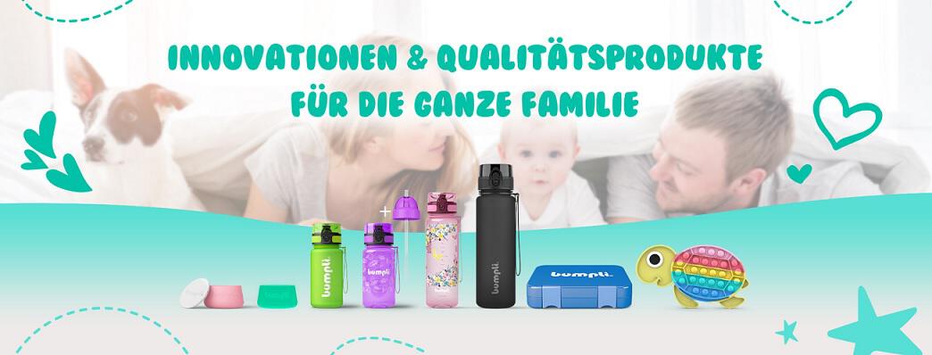 Banner für die bumpli Gutscheinseite: bumpli Produktauswahl von Brotdosen und Trinkfflaschen vor einer jungen Familie im Hintergrund – „Innovationen und Qualitätsprodukte für die ganze Familie“