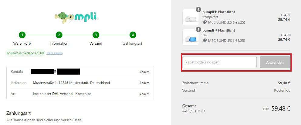 Screenshot aus dem Warenkorb mit Eingabefeld für bumpli Rabattcode