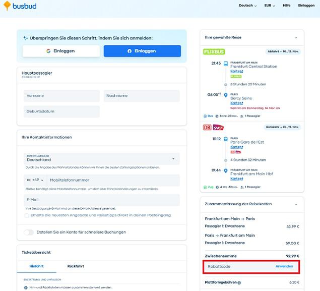 img: busbud-gutschein-einloesen / alt: Screenshot aus dem Warenkorb mit Hinweis darauf, wie du den Busbud Gutschein einlösen kannst.