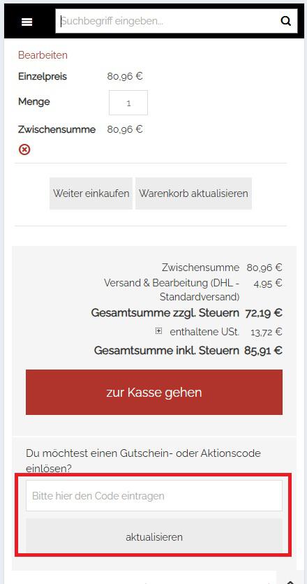 Eingabefeld für einen Butch Aktionscode im Warenkorb