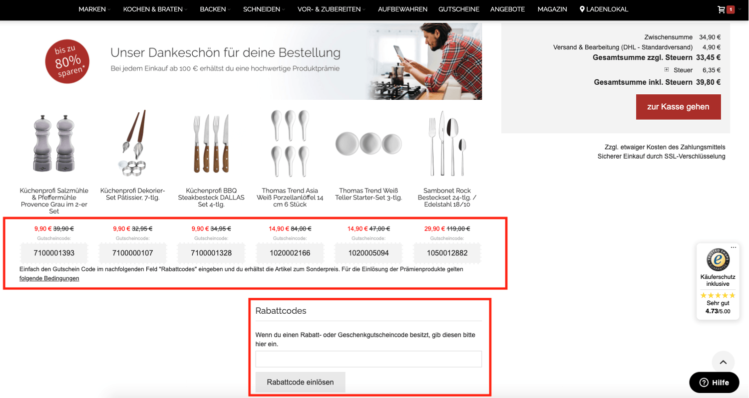 Warenkorb des Online-Shops mit Eingabefeld für den Butch Gutschein.